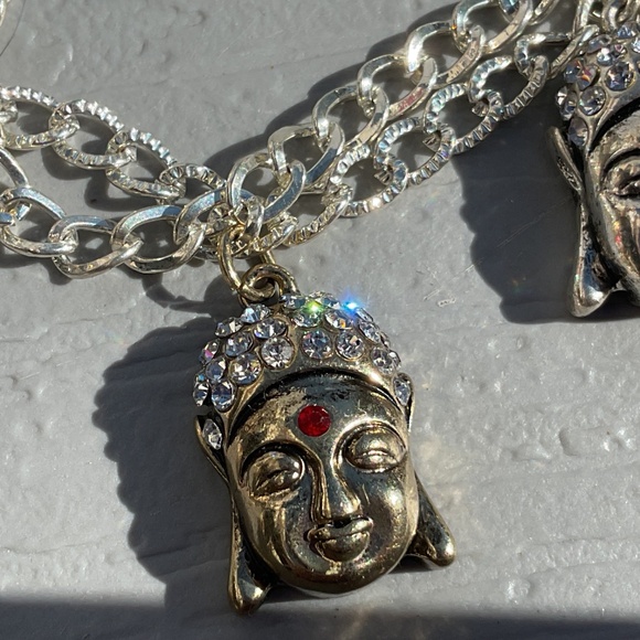 Buddha necklace earrings bracelet set new silvertone goldtone red crystal - Picture 8 of 11